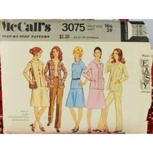 McCall's 1971 Blouse Skirt Pants Jacket Pattern Size 16.5 #3075 VTG